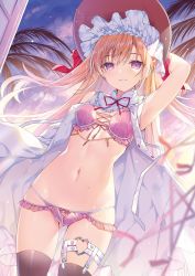 Rule 34 | 1girl, arm up, armpits, bare shoulders, black thighhighs, blonde hair, bra, breasts, cowboy shot, dengeki moeou, dress, frilled bra, frilled panties, frills, gluteal fold, hat, highres, long dress, long hair, looking at viewer, miwabe sakura, mole, mole on stomach, navel, open clothes, open dress, original, panties, pink bra, pink panties, purple eyes, sleeveless, sleeveless dress, small breasts, smile, solo, standing, stomach, sun hat, thigh strap, thighhighs, thighs, two side up, underwear, white dress