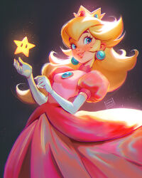 Rule 34 | 1girl, blonde hair, blue eyes, breasts, brooch, cropped legs, crown, dress, earrings, elbow gloves, from side, gloves, highres, jewelry, light particles, long hair, mario (series), nintendo, parted lips, pink dress, princess peach, puffy sleeves, seiorai, shine, simple background, small breasts, smile, solo, super mario bros. 1, super star (mario), white gloves