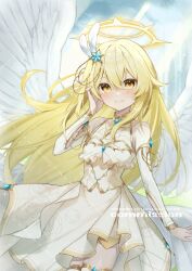 Rule 34 | 1girl, angel, angel wings, artist name, blonde hair, blue gemstone, blush, closed mouth, commentary, commission, dress, feather hair ornament, feathered wings, feathers, floral print, gem, gold trim, hair ornament, halo, long hair, long sleeves, looking at viewer, murumuru (pixiv51689952), original, print dress, sample watermark, skeb commission, smile, star (symbol), star hair ornament, very long hair, watermark, white dress, white wings, wings, yellow eyes