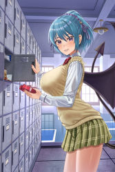 Rule 34 | 1girl, blue hair, bow, box, breasts, demon girl, demon tail, demon wings, green skirt, heart-shaped box, highres, holding, holding box, kurono kurumu, large breasts, legs, locker, long sleeves, looking at viewer, open mouth, plaid, plaid skirt, pleated skirt, purple eyes, red bow, rosario+vampire, school, school uniform, shirt, silvertsuki, skirt, smile, solo, sweater, tail, valentine, white shirt, wings, yellow sweater