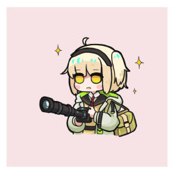 Rule 34 | 1girl, :d, ahoge, arknights, bag, black hairband, black sailor collar, blonde hair, blush stickers, brown shirt, camera, chibi, collared shirt, cropped torso, daoshi niang lan er, hairband, holding, holding camera, jacket, long sleeves, necktie, one side up, open clothes, open jacket, open mouth, pink background, puffy long sleeves, puffy sleeves, red necktie, sailor collar, scene (arknights), shirt, simple background, smile, solo, sparkle, upper body, white jacket, white shirt, yellow eyes