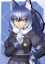 Rule 34 | 1girl, absurdres, animal costume, animal ear fluff, animal ears, armband, belt, blazer, blue hair, dire wolf (kemono friends), extra ears, gloves, highres, jacket, kawanami eito, kemono friends, kemono friends v project, long hair, looking at viewer, microphone, ribbon, scarf, simple background, skirt, solo, tail, twintails, virtual youtuber, wolf costume, wolf ears, wolf girl, wolf tail, yellow eyes