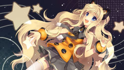 Rule 34 | 1girl, \m/, arms up, blonde hair, blue eyes, dutch angle, long hair, mauve, open mouth, seeu, smile, solo, thighhighs, very long hair, vocaloid, zettai ryouiki