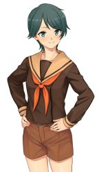 Rule 34 | 1girl, black hair, breasts, brown sailor collar, brown shorts, hands on own hips, highres, kantai collection, kumadano, long sleeves, mogami (kancolle), mogami kai ni (kancolle), neckerchief, orange neckerchief, sailor collar, school uniform, serafuku, short hair, shorts, simple background, small breasts, smile, solo, white background