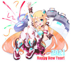 Rule 34 | 1girl, 2021, :d, absurdres, animal print, aqua eyes, bare shoulders, bell, blonde hair, breasts, cawang, chinese zodiac, cow girl, cow print, cowbell, english text, full body, happy new year, highres, long hair, looking at viewer, milk churn, new year, one eye closed, open mouth, original, pantyhose, shoes, simple background, sitting, smile, solo, twintails, very long hair, waving, white background, year of the ox