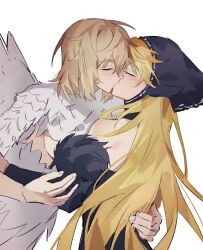 Rule 34 | 2girls, bare shoulders, black dress, blonde hair, blush, breasts, brown hair, closed eyes, commentary, dress, dungeon meshi, ear covers, elf, falin touden, falin touden (chimera), feathered wings, feathers, hand on another&#039;s back, hashtag-only commentary, highres, kiss, long hair, marcille donato, marcille donato (lord), medium hair, multiple girls, pointy ears, shiba257, sideboob, simple background, white background, wings, yuri