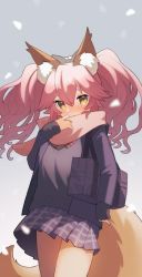 Rule 34 | 1girl, animal ear fluff, animal ears, bag, blush, bow, commentary request, cowboy shot, fate/extella, fate/extra, fate (series), female focus, fox ears, fox girl, fox tail, hair bow, jacket, long hair, long sleeves, looking at viewer, miniskirt, pink hair, pink scarf, plaid, plaid skirt, scarf, school bag, school uniform, sidelocks, skirt, slit pupils, solo, tail, tamamo (fate), tamamo no mae (fate/extra), tamamo no mae (jk) (fate), tsukimi okayu, wavy hair, white bow, winter clothes, yellow eyes