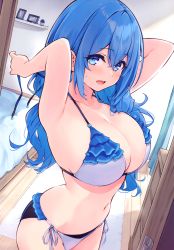 Rule 34 | 1girl, absurdres, armpits, bare shoulders, bikini, blue eyes, blue hair, blush, breasts, cleavage, cu-no, frilled bikini, frills, highres, hisen kaede, indoors, kohitsuji ai, large breasts, long hair, looking at viewer, navel, open mouth, scan, simple background, solo, stomach, sweat, sweatdrop, swimsuit, thighs, untied bikini