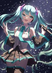 Rule 34 | 1girl, :d, absurdres, black sleeves, black thighhighs, blue eyes, blue hair, blue necktie, blush, collared shirt, cowboy shot, detached sleeves, dress shirt, floating hair, hair ornament, hatsune miku, headphones, headset, highres, holding, holding microphone, long hair, long sleeves, microphone, minyork, necktie, open mouth, shirt, sleeveless, sleeveless shirt, smile, solo, standing, thighhighs, twintails, very long hair, vocaloid, white shirt, wing collar, zettai ryouiki