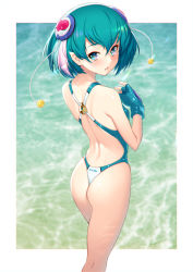 Rule 34 | 1girl, aqua eyes, aqua hair, ass, blue one-piece swimsuit, blush, breasts, earrings, from behind, hagoromo lala, highleg, highleg swimsuit, highres, jewelry, kazuma muramasa, looking at viewer, looking back, multicolored hair, one-piece swimsuit, parted lips, pink hair, pointy ears, precure, shiny skin, short hair, small breasts, solo, standing, star (symbol), star earrings, star twinkle precure, streaked hair, swimsuit, thong