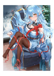 Rule 34 | 1girl, absurdres, ahoge, black pantyhose, blue hair, blush, braid, breasts, christmas, cleavage, closed mouth, colored tips, commentary, couch, elf, english commentary, eshineko, flower, hair between eyes, hair flower, hair ornament, half updo, heart, heart ahoge, highres, hololive, large breasts, long hair, looking at viewer, merry christmas, multicolored hair, no shoes, on couch, pantyhose, pointy ears, sitting, smile, snowflake hair ornament, solo, streaked hair, very long hair, virtual youtuber, yellow eyes, yukihana lamy
