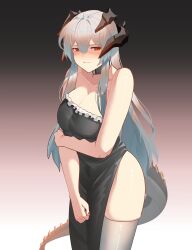 Rule 34 | 1girl, :t, absurdres, arknights, bare arms, bare shoulders, black background, black choker, black dress, breasts, choker, cleavage, commentary request, cowboy shot, dress, gradient background, grey hair, grey thighhighs, highres, horns, large breasts, long hair, looking at viewer, najashi, red eyes, saria (arknights), solo, standing, strapless, strapless dress, tail, thighhighs, thighs, very long hair