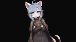 Rule 34 | 1girl, :o, ahoge, animal ears, bags under eyes, black background, black dress, blue eyes, blue hair, blush, bow, braid, brown cape, brown cloak, brown coat, cape, cat ears, cat girl, cat tail, child, cloak, coat, coat on shoulders, cowboy shot, doll, dress, fang, furry, furry female, hair over shoulder, highres, holding, holding doll, holding stuffed toy, hugging doll, hugging object, hwaryeok, little tail bronx, long hair, long sleeves, looking at viewer, medium hair, open mouth, ribbon, senjou no fuuga, sheena (senjou no fuuga), sidelocks, simple background, solo, standing, straight-on, stuffed animal, stuffed cat, stuffed toy, tail, tail ornament, tail ribbon, twin braids