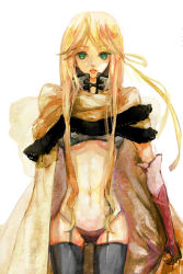 Rule 34 | 1990s (style), 1girl, blonde hair, breasts, cape, celes chere, elbow gloves, final fantasy, final fantasy vi, gloves, green eyes, long hair, mimic (artist), panties, solo, suimin, thighhighs, underboob, underwear