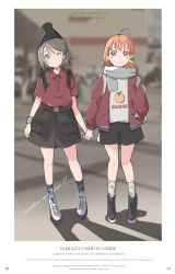 Rule 34 | 10s, 2girls, ;), absurdres, ahoge, backpack, bag, beanie, belt, black hat, black skirt, blue eyes, blush, bow, braid, clothes writing, copyright name, earrings, english text, full body, grey hair, grey scarf, hair bow, hair ornament, hairpin, hand in pocket, hat, high tops, highres, holding hands, jacket, jewelry, long sleeves, looking at viewer, love live!, love live! sunshine!!, multiple girls, one eye closed, orange hair, pocket, qianqian, red eyes, red shirt, scarf, shirt, shoes, short sleeves, side braid, skirt, smile, sneakers, socks, standing, takami chika, watanabe you, wristband, yellow bow