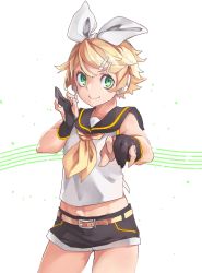 Rule 34 | 1girl, absurdres, alternate hair length, alternate hairstyle, belt, black gloves, black sailor collar, black shorts, blonde hair, bow, closed mouth, commentary, cowboy shot, gloves, hair bow, hair ornament, hairband, hairclip, hand up, headphones, headset, highres, kagamine rin, looking at viewer, midriff peek, navel, neckerchief, partially fingerless gloves, reiga (act000), sailor collar, shirt, short hair, short shorts, shorts, smile, solo, standing, vocaloid, white hairband, white shirt, yellow belt, yellow neckerchief