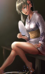 Rule 34 | 1girl, absurdres, alternate costume, aqua eyes, aqua hair, bare legs, bare shoulders, barefoot, blush, breasts, clothes lift, flower, hair flower, hair ornament, hairclip, hand fan, hand up, head tilt, highres, holding, holding fan, japanese clothes, kantai collection, kimono, kimono lift, kokuzou, large breasts, lifted by self, light particles, long hair, obi, open mouth, paper fan, sash, sidelocks, sitting, smile, solo, splashing, suzuya (kancolle), thighs, uchiwa