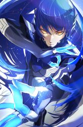Rule 34 | 1boy, absurdres, androgynous, blue theme, collarbone, eyelashes, highres, kiriko (42g8ak3107), long hair, looking at viewer, male focus, protagonist (smtv), purple hair, shin megami tensei, shin megami tensei v, simple background, solo, trap, yellow eyes