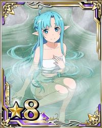 Rule 34 | 10s, 1girl, asuna (sao), asuna (sao-alo), barefoot, blue eyes, blue hair, breasts, card (medium), cleavage, collarbone, long hair, looking at viewer, matching hair/eyes, medium breasts, naked towel, onsen, outdoors, partially submerged, pointy ears, sitting, smile, solo, star (symbol), steam, sword art online, towel, white towel