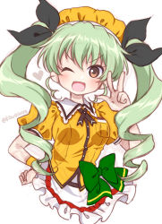 Rule 34 | 1girl, ;d, anchovy (girls und panzer), apron, beret, black ribbon, blouse, bow, brown eyes, coco&#039;s, collared shirt, commentary, drill hair, frilled apron, frills, girls und panzer, green bow, green hair, hair ribbon, hand on own hip, hat, heart, kawanobe, long hair, looking at viewer, neck ribbon, official alternate costume, one eye closed, open mouth, puffy short sleeves, puffy sleeves, ribbon, shirt, short sleeves, smile, solo, twin drills, twintails, twitter username, upper body, v-shaped eyebrows, w, waist apron, white apron, white background, wristband, yellow hat, yellow shirt