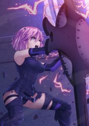 Rule 34 | 1girl, absurdres, armored leotard, black footwear, black leotard, black thighhighs, boots, breasts, breasts apart, detached sleeves, fate/grand order, fate (series), from side, grey eyes, hair between eyes, highres, holding, holding shield, leotard, long sleeves, mash kyrielight, medium breasts, open mouth, pink hair, satyarizqy, shield, short hair, solo, thigh boots, thigh strap, thighhighs