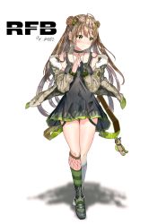 Rule 34 | 1girl, artist name, blush, brown hair, camouflage, character name, choker, commentary request, dated, dog tags, double bun, fingerless gloves, full body, fur trim, girls&#039; frontline, gloves, green eyes, highres, jacket, long hair, looking away, rfb (girls&#039; frontline), single glove, skirt, smile, solo, standing, thighs, yucin