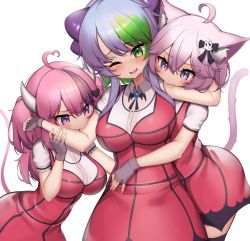 Rule 34 | 3girls, ahoge, animal ears, biting, blue hair, blush, breasts, apricot the lich, cat ears, cat girl, cat tail, commentary, commission, english commentary, fang, fingerless gloves, gloves, green eyes, green hair, hair between eyes, highres, horns, ironmouse, kaptivate, large breasts, long hair, multiple girls, nyatasha nyanners, one eye closed, open mouth, pink hair, purple eyes, short hair, short sleeves, simple background, slit pupils, tail, tongue, virtual youtuber, vshojo, white background