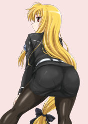 Rule 34 | 00s, 1girl, ass, back-seamed legwear, belt, bent over, black pantyhose, blonde hair, fate testarossa, from behind, hair ribbon, hand on own thigh, highres, long hair, long sleeves, looking at viewer, looking back, low-tied long hair, lyrical nanoha, mahou shoujo lyrical nanoha, mahou shoujo lyrical nanoha strikers, military, military uniform, pantyhose, pantylines, parted lips, pencil skirt, pink background, red eyes, ribbon, seamed legwear, simple background, skirt, solo, uniform, very long hair, wan&#039;yan aguda
