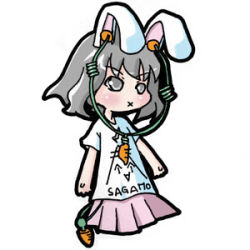 Rule 34 | 1girl, :x, animal ears, black hair, carrot, chibi, clothes writing, earphones, female focus, food-themed clothes, full body, inaba tewi, kureha mitsushige, lowres, rabbit ears, shirt, short hair, simple background, solo, t-shirt, touhou, white background