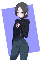 Rule 34 | 1girl, alternate costume, black eyes, black sweater, blue pants, braid, breasts, closed mouth, fate/strange fake, fate (series), feet out of frame, grey hair, hand on own chest, highres, light blush, long sleeves, looking at viewer, medium breasts, medium hair, mekakuri (otacon250), no name assassin (fate), pants, parted bangs, simple background, solo, sweater, sweater tucked in, turtleneck, turtleneck sweater, twin braids