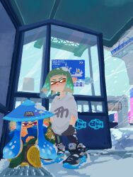 Rule 34 | 2girls, blue hat, blue sweater, commentary, glass, green hair, green scarf, hat, highres, in-universe location, inkling, inkling girl, inkling player character, long hair, medium hair, multiple girls, nintendo, oekacucumber, print sweater, red eyes, rice hat, scarf, shoes, sitting, snow, snowing, splatoon (series), splatoon 3, standing, sticker, sweater, tentacle hair, white sweater, yellow eyes