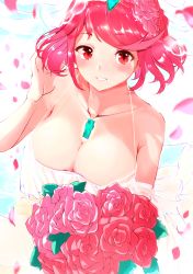 Rule 34 | 1girl, absurdres, bare arms, bare shoulders, blush, bouquet, breasts, chest jewel, cleavage, collarbone, dress, flower, gem, hair flower, hair ornament, highres, large breasts, looking at viewer, nintendo, petals, pyra (xenoblade), red eyes, red flower, red hair, risumi (taka-fallcherryblossom), short hair, simple background, smile, solo, spaghetti strap, strap gap, swept bangs, tiara, upper body, wedding dress, white background, xenoblade chronicles (series), xenoblade chronicles 2