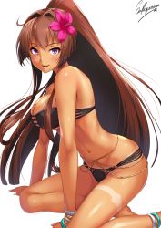 Rule 34 | 1girl, ahoge, alternate costume, alternate eye color, anklet, arm support, artist name, ass, bangle, bare shoulders, belly chain, between legs, bikini, black bikini, blush, bracelet, breasts, brown hair, cleavage, closed mouth, flower, groin, hair flower, hair intakes, hair ornament, hand between legs, jewelry, kantai collection, large breasts, leaning forward, long hair, looking at viewer, navel, open mouth, pink flower, ponytail, purple eyes, sakiyamama, sidelocks, signature, simple background, sitting, skindentation, smile, solo, stomach, strapless, strapless bikini, swimsuit, tan, tanline, thighs, very long hair, white background, yamato (kancolle), yokozuwari