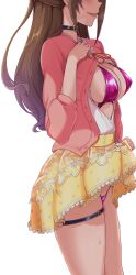 Rule 34 | 1girl, absurdres, areola slip, black choker, blush, breasts, brown hair, cardigan, choker, covered erect nipples, drooling, heart, heart choker, highres, idolmaster, idolmaster cinderella girls, large breasts, long hair, open clothes, open mouth, open shirt, pink cardigan, red ribbon, ribbon, saliva, sex toy, shimamura uzuki, shirt, simple background, skirt, smile, solo, standing, thighlet, twogie, vibrator, white background, white shirt, yellow skirt