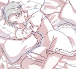 Rule 34 | 1other, androgynous, bed sheet, cairngorm (houseki no kuni), colored eyelashes, dress, expressionless, frills, grey eyes, grey hair, houseki no kuni, looking at viewer, lying, hugging object, on side, pillow, pillow hug, ribbon, short hair, sleepwear, solo, thick eyebrows, tpi ri, white dress