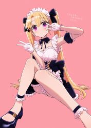 Rule 34 | 1girl, ankleband, black footwear, black ribbon, blonde hair, blush, bow, breasts, cleavage, detached collar, detached sleeves, double v, dress, ear piercing, earrings, foot out of frame, frilled dress, frilled sleeves, frills, gloves, hair bow, highres, jewelry, kerorira, long hair, looking at viewer, maid, maid headdress, mary janes, medium breasts, neck ribbon, original, panties, pantyshot, piercing, pink background, puffy detached sleeves, puffy sleeves, purple eyes, ribbon, shoes, sitting, solo, twintails, underwear, v, v over eye, very long hair, white gloves, white panties