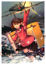 Rule 34 | 1girl, aircraft, airplane, brown hair, brown skirt, cloud, cloudy sky, highres, j7w shinden, japanese clothes, kantai collection, kariginu, looking at viewer, magatama, outdoors, pleated skirt, red shirt, ryuujou (kancolle), scroll, shikigami, shirt, skirt, sky, smile, solo, timmyyen, twintails, visor cap, water, waves