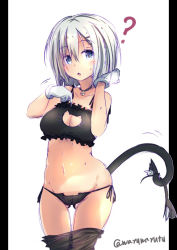 Rule 34 | 10s, 1girl, ?, animal ears, bell, black pantyhose, blue eyes, blush, bra, breasts, cat cutout, cat ear panties, cat ears, cat lingerie, cat tail, choker, cleavage, cleavage cutout, clothing cutout, collar, gloves, hair ornament, hairband, hairclip, hamakaze (kancolle), jingle bell, kantai collection, large breasts, long hair, looking at viewer, meme attire, navel, panties, pantyhose, short hair, side-tie panties, silver hair, solo, tail, underwear, underwear only, waruwarutsu, white gloves