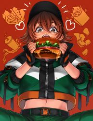 Rule 34 | 1girl, absurdres, belt, black gloves, brown eyes, brown hair, burger, cheese, cropped jacket, dripping, fingerless gloves, food, food-themed background, gloves, green pants, hair between eyes, hat, heart, highres, holding, holding food, lettuce, long sleeves, medium hair, midriff, navel, open mouth, original, pants, pmiy0711, red background, solo, tomato, upper body, zipper, zipper pull tab