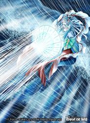 Rule 34 | 1girl, blue eyes, blue skin, breasts, cleavage, colored skin, copyright name, force of will, hair ornament, horns, long hair, mermaid, monster girl, official art, oil-paper umbrella, open mouth, rain, solo, teeth, umbrella, water, white hair