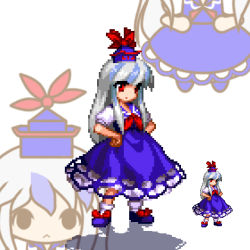 1girl blue_hair bow chibi dress female_focus full_body hat kamishirasawa_keine long_hair lowres multicolored_hair niwatori_takeshi pixel_art red_eyes ribbon short_sleeves silver_hair solo touhou two-tone_hair white_background