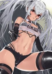 Rule 34 | 1girl, alabama (azur lane), alternate breast size, azur lane, bandeau, bikini, bikini top only, bikini under clothes, black gloves, black thighhighs, blush, body markings, bodypaint, breasts, clothes writing, crossed bangs, dark-skinned female, dark skin, detached collar, elbow gloves, facepaint, gloves, heart, heart necklace, highres, jewelry, long hair, looking at viewer, micro shorts, native american, navel, necklace, ootani nonno, parted lips, print bandeau, red eyes, see-through, shorts, silver hair, small breasts, solo, stomach, strapless, swimsuit, tattoo, thighhighs, thighs, tube top, twintails