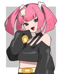 Rule 34 | 1girl, :d, bare shoulders, black hair, black shirt, blush, commentary request, creatures (company), crop top, fang, game freak, grey background, grey eyes, hair ornament, hairclip, hand up, highres, long sleeves, looking at viewer, midriff, multicolored hair, nintendo, off-shoulder shirt, off shoulder, open mouth, pink hair, pokemon, pokemon (anime), pokemon horizons, puffy long sleeves, puffy sleeves, coral (pokemon), shirt, sleeves past fingers, sleeves past wrists, smile, solo, streaked hair, twintails, two-tone background, upper body, white background, x hair ornament, yude tamago