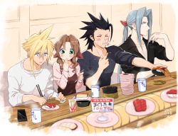 Rule 34 | 1girl, 3boys, aerith gainsborough, alternate costume, alternate hairstyle, black hair, black shirt, blonde hair, blue eyes, blurry, blurry foreground, blush, breasts, brown dress, brown hair, casual, chopsticks, closed eyes, cloud strife, collared shirt, conveyor belt sushi, cup, dress, eating, final fantasy, final fantasy vii, food, food in mouth, food on face, full mouth, green eyes, grey hair, hair between eyes, hair ribbon, hair slicked back, hand to own mouth, holding, holding chopsticks, indoors, krudears, long bangs, long hair, long sleeves, looking at another, medium breasts, medium hair, multiple boys, parted bangs, pink ribbon, pink shirt, plate, plate stack, ponytail, ribbon, sephiroth, shirt, shirt under dress, short hair, shrimp, sideburns, sidelocks, sitting, sleeves rolled up, spiked hair, sushi, sweater, upper body, v-neck, v-shaped eyebrows, wavy hair, white sweater, wide-eyed, zack fair