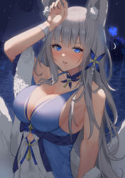 1girl animal_ear_fluff animal_ears azur_lane bad_id bad_pixiv_id bare_shoulders blue_butterfly blue_dress blue_eyes blush breasts bug butterfly cleavage commentary_request dress feather_boa fox_ears fox_tail grey_hair insect kitsune large_breasts long_hair looking_at_viewer mashiro_kta multiple_tails parted_lips shinano_(azur_lane) shinano_(dreams_of_the_hazy_moon)_(azur_lane) sleeveless sleeveless_dress solo tail very_long_hair