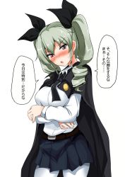 Rule 34 | &gt;:o, 10s, 1girl, :o, anchovy (girls und panzer), belt, black necktie, black skirt, blush, breast hold, breasts, cape, contrapposto, cowboy shot, drill hair, emblem, girls und panzer, green hair, hair ribbon, large breasts, long hair, long sleeves, looking at viewer, miniskirt, necktie, nose blush, open mouth, pantyhose, pleated skirt, poshi (ginmokusei), red eyes, ribbon, school uniform, shirt, skirt, solo, standing, sweat, translation request, tsurime, twin drills, twintails, v-shaped eyebrows, white pantyhose, white shirt