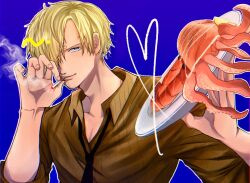 Rule 34 | 1boy, ajtm007, blonde hair, blue background, cigarette, collared shirt, commentary, curly eyebrows, hair over one eye, heart, holding, holding cigarette, holding plate, male focus, necktie, one piece, plate, sanji (one piece), shirt, short hair, simple background, sleeves rolled up, smoke, solo, striped clothes, striped shirt, upper body, vertical-striped clothes, vertical-striped shirt