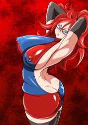 Rule 34 | 1girl, android 21, arm warmers, artist request, ass, back, big hair, black-framed eyewear, black thighhighs, blue eyes, blush, breasts, brown eyes, butt crack, covered erect nipples, curly hair, dragon ball, dragon ball fighterz, dress, female focus, glasses, highres, huge ass, large breasts, lips, lipstick, long hair, makeup, mature female, meme attire, multicolored clothes, multicolored dress, thick thighs, thighhighs, thighs, virgin killer sweater, wide hips