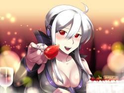 Rule 34 | 1girl, blush, breasts, caffein, cake, cleavage, cup, drinking glass, feeding, food, fruit, highres, incoming food, large breasts, nail polish, pov across table, pov feeding, purple nails, red eyes, silver hair, smile, solo, spoon, strawberry, twintails, vocaloid, wine glass, yowane haku