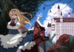 Rule 34 | 1girl, alice (alice in wonderland), alice in wonderland, bad id, bad pixiv id, blonde hair, candy, castle, caterpillar, caterpillar (alice in wonderland), chainsaw, cloud, day, dress, flower, food, frills, fuurin (omaemona), hairband, lollipop, long hair, plant, red flower, red rose, rose, skirt, solo, tower, tree, when you see it